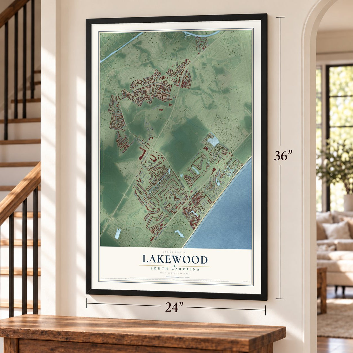 Lakewood, Horry County, South Carolina map, 24 x 36 inch print in a black frame by a staircase