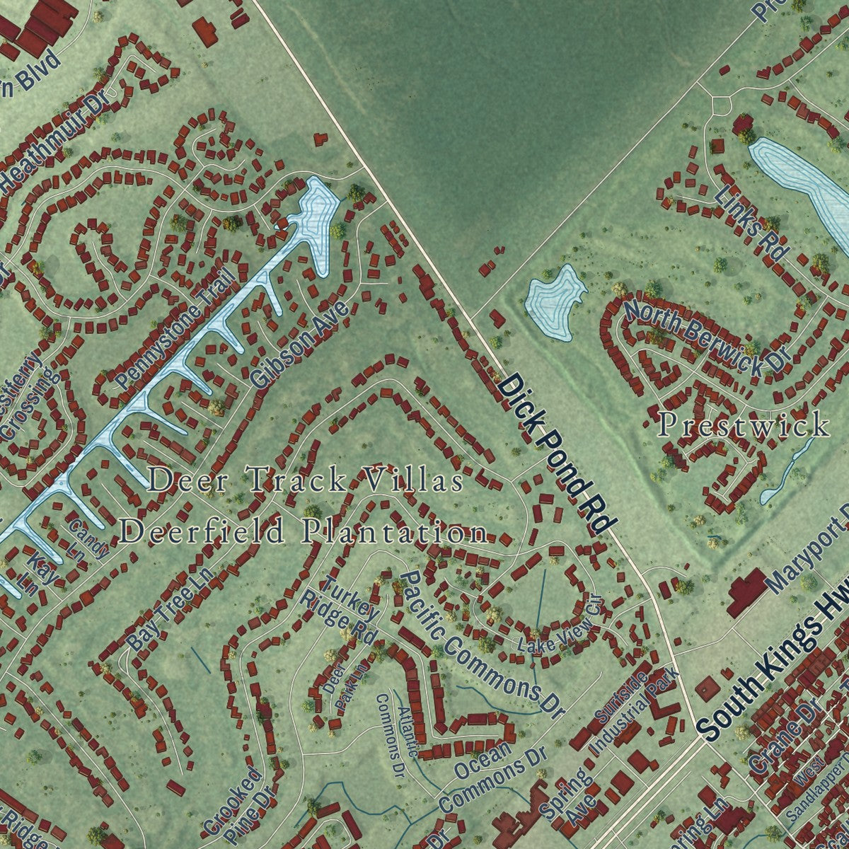 Close-up of the map of Lakewood, Horry County, South Carolina print showing street and building detail