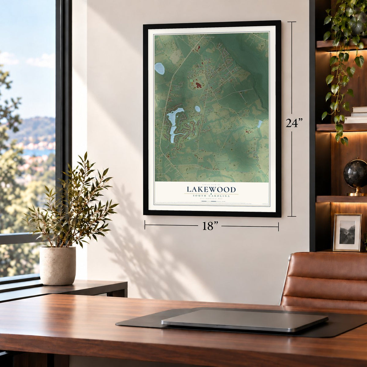 Lakewood, South Carolina map, 18 x 24 inch print in a black frame in a home office