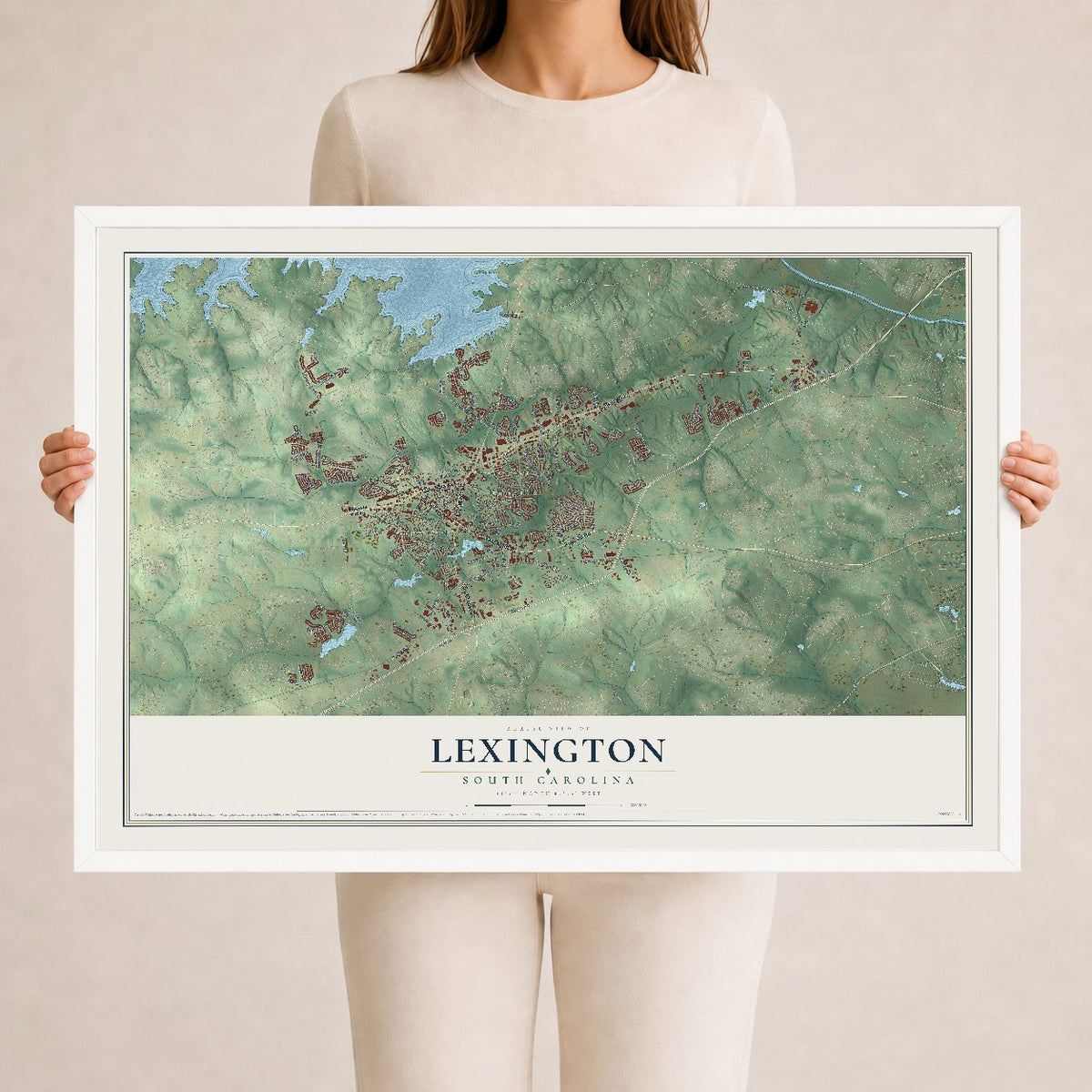 Map of Lexington, South Carolina, 24 x 36 inch print in a white wood frame