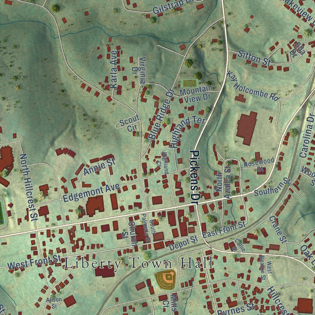 Close-up of the map of Liberty, South Carolina print showing street and building detail