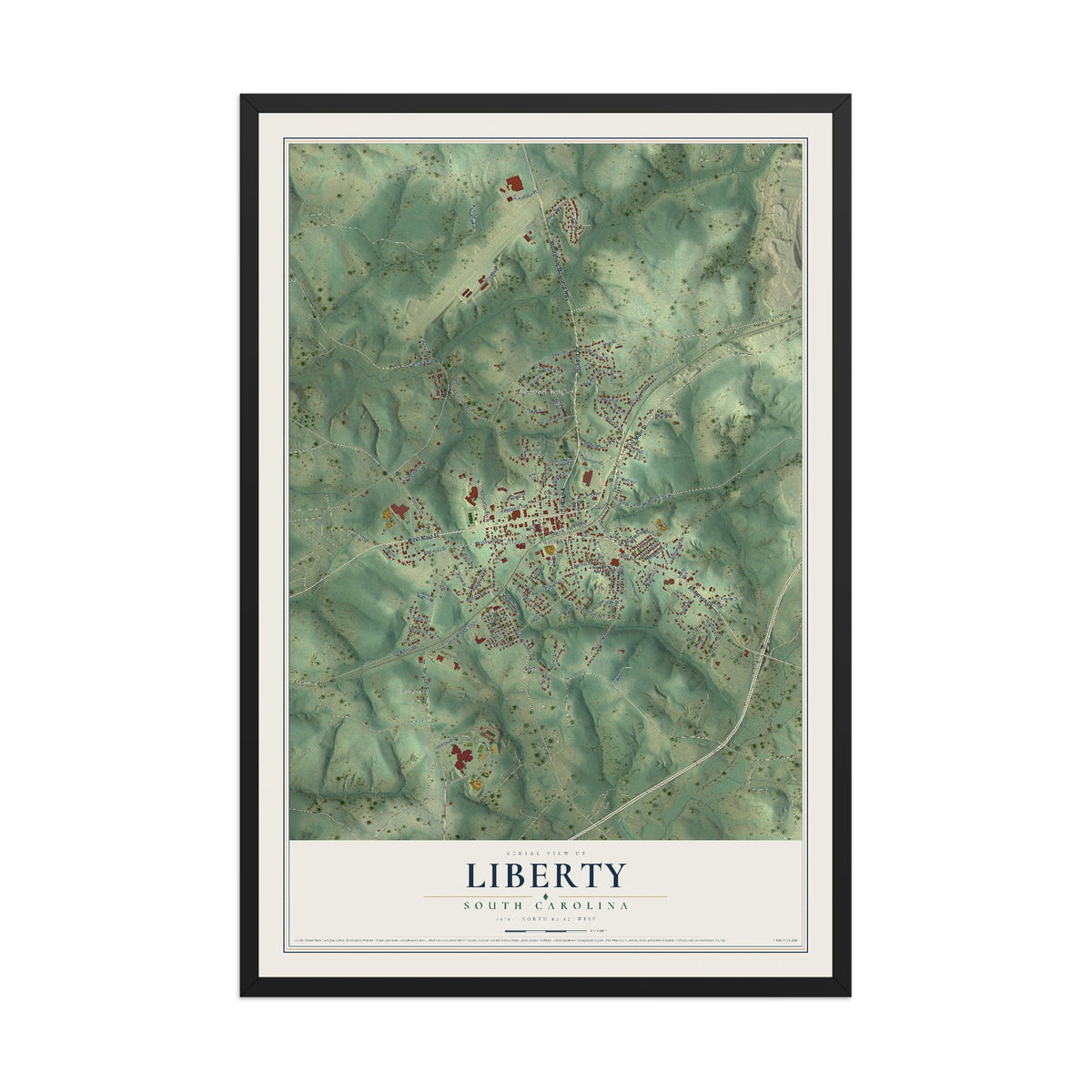 Map of Liberty, South Carolina, 12 x 18 inch print in a black wood frame