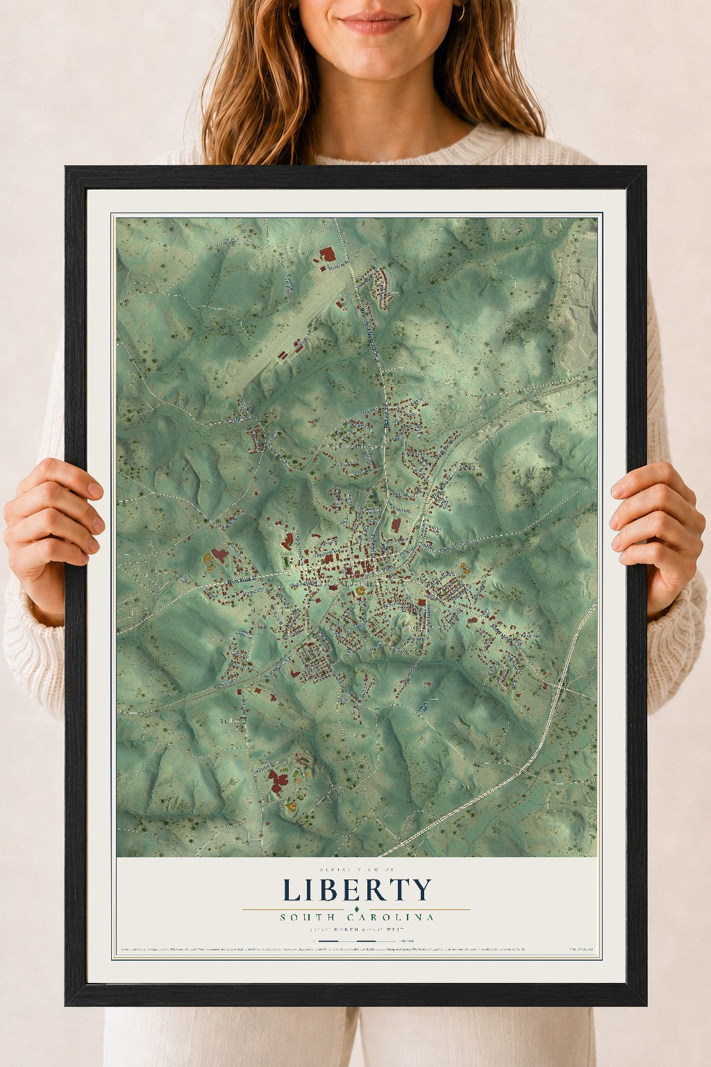 Map of Liberty, South Carolina, 18 x 24 inch print in a black wood frame
