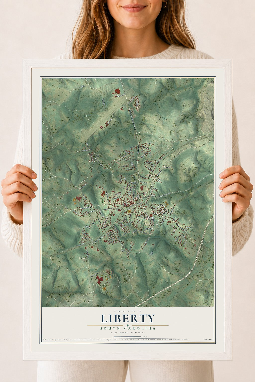 Map of Liberty, South Carolina, 18 x 24 inch print in a white wood frame