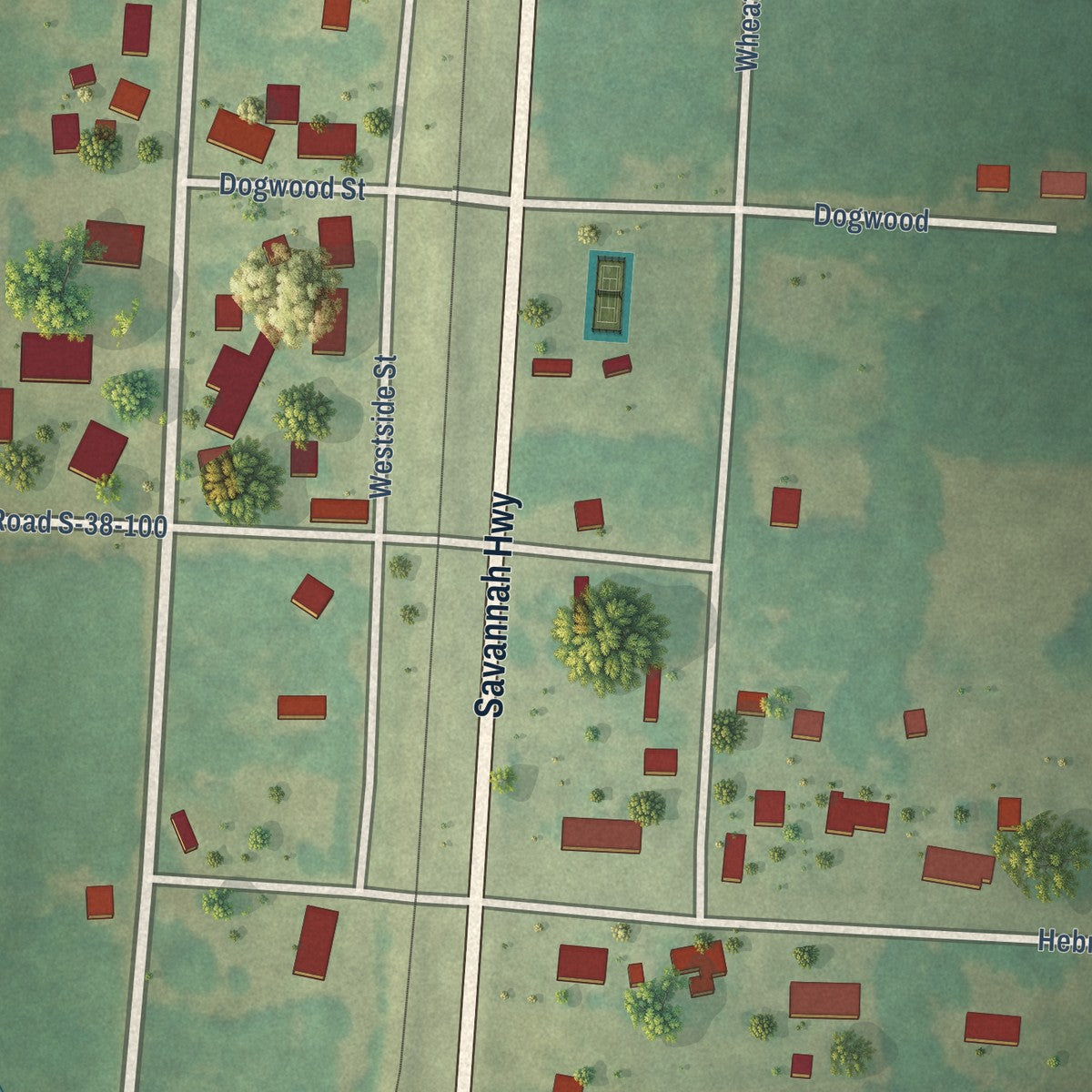 Close-up of the map of Livingston, South Carolina print showing street and building detail