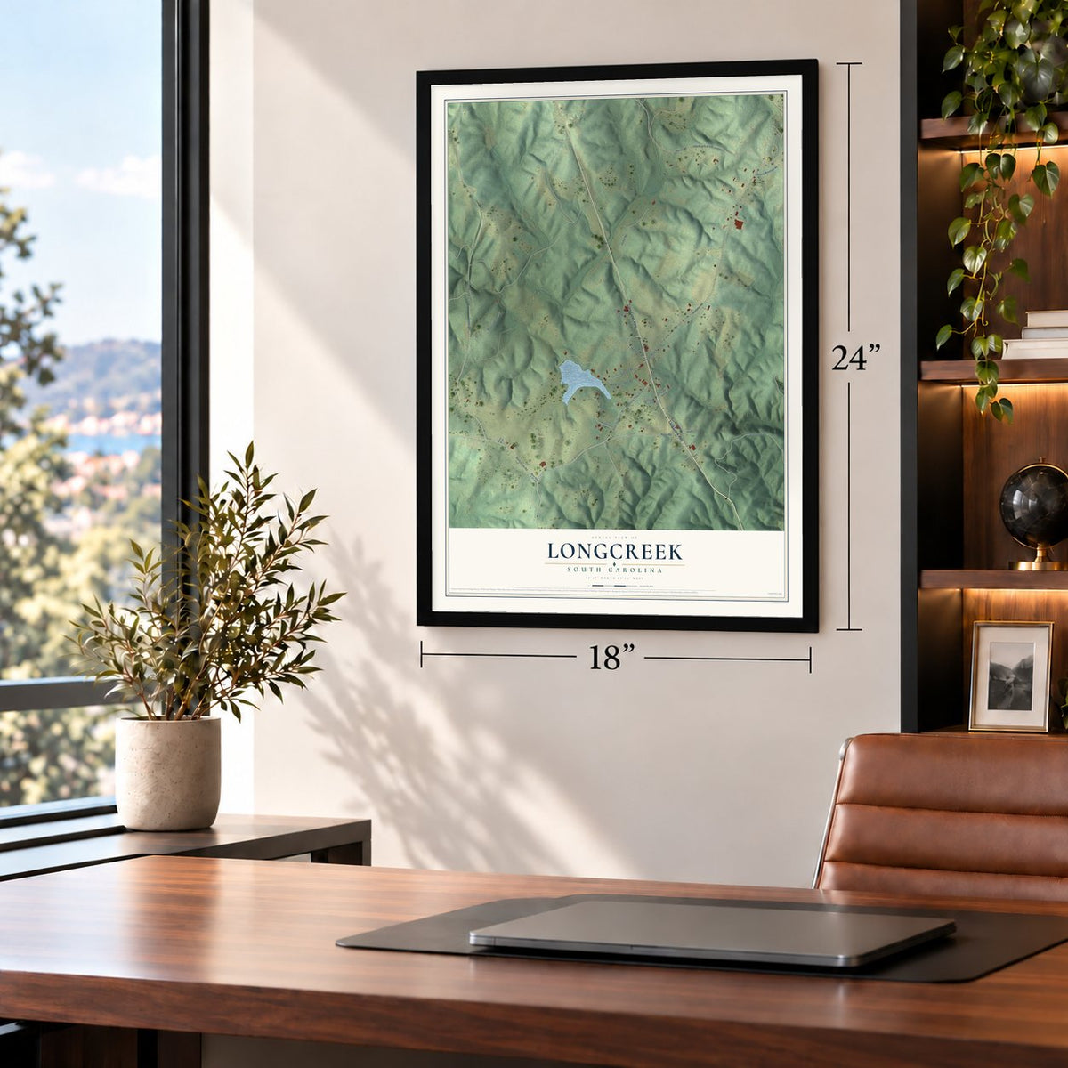 Longcreek, South Carolina map, 18 x 24 inch print in a black frame in a home office