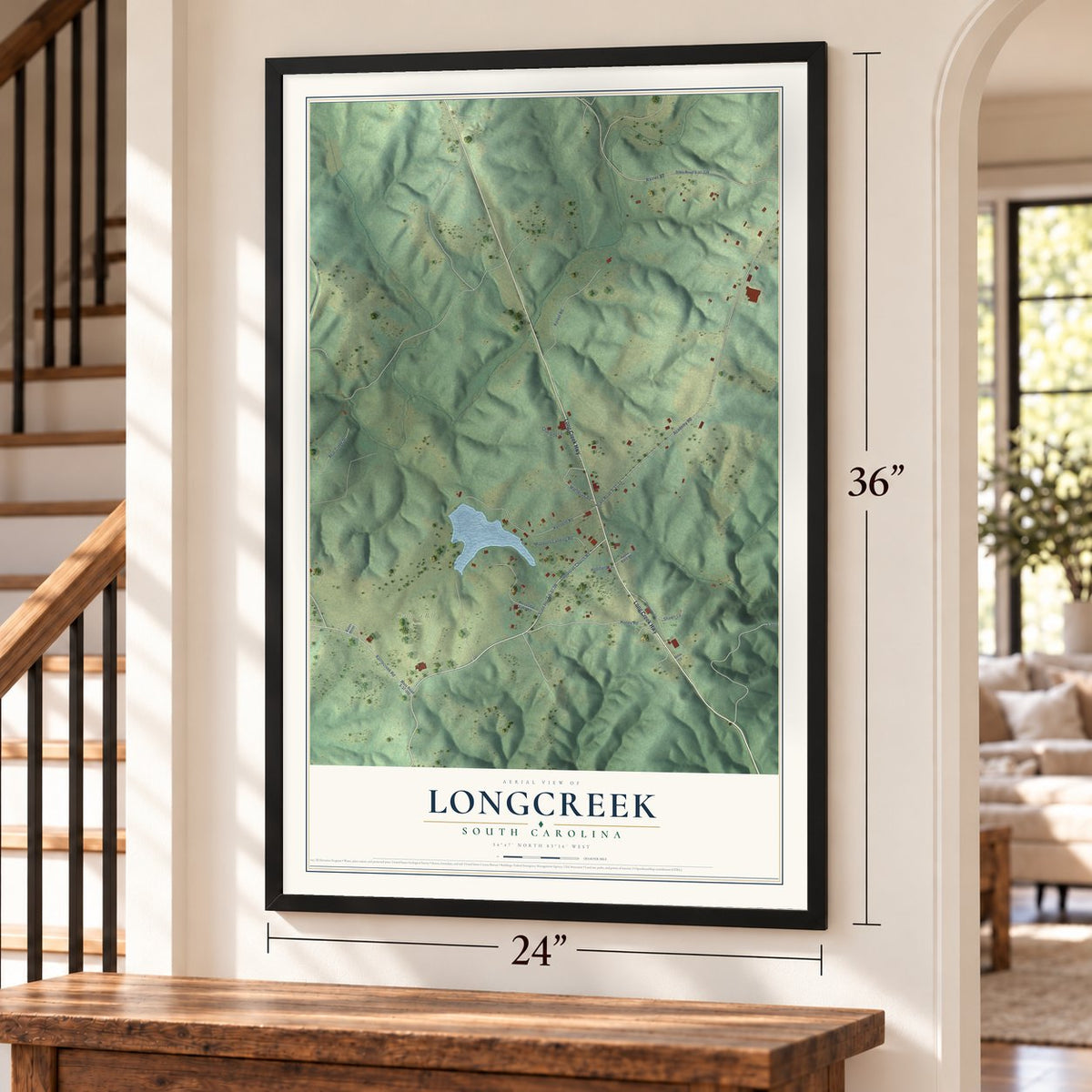Longcreek, South Carolina map, 24 x 36 inch print in a black frame by a staircase