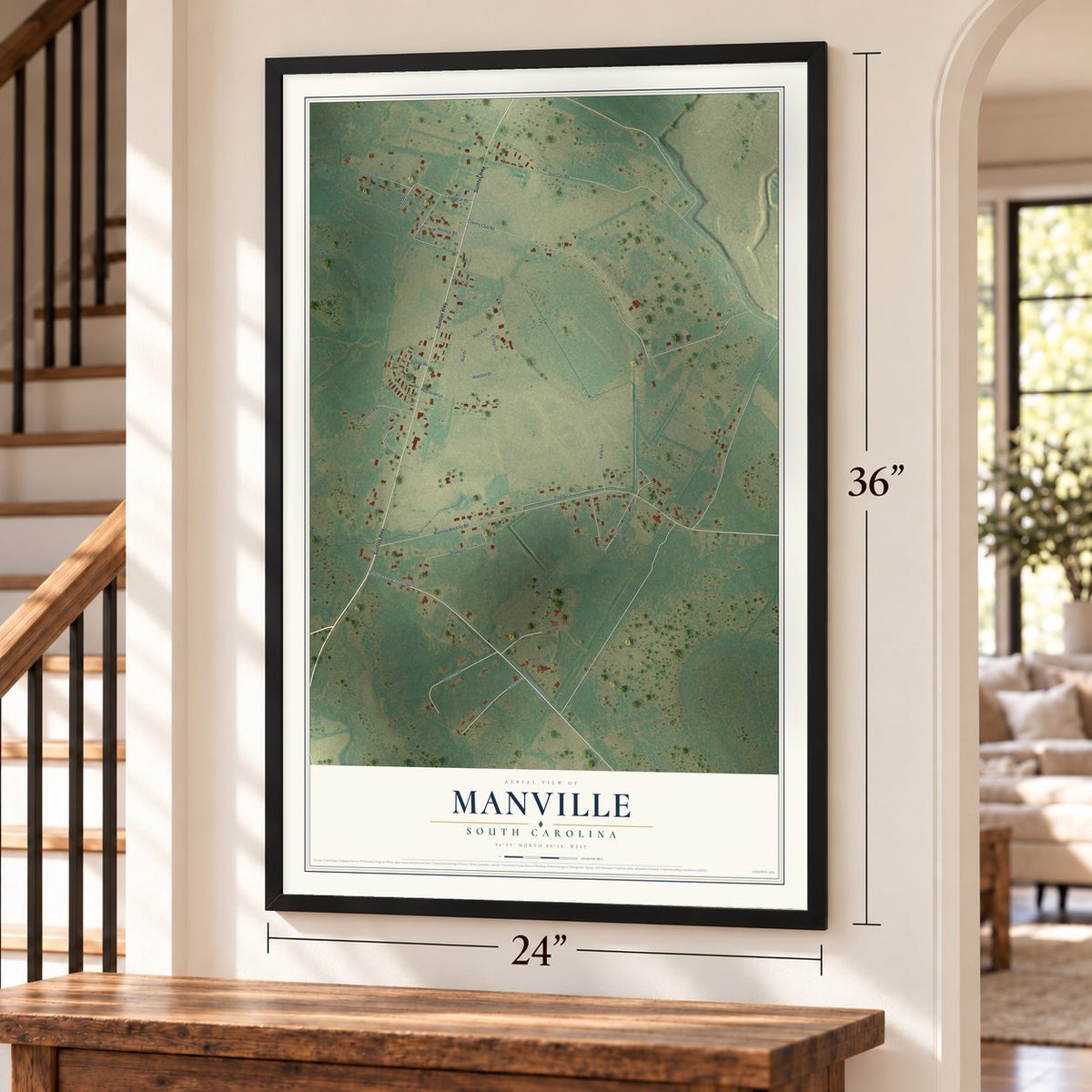 Manville, South Carolina map, 24 x 36 inch print in a black frame by a staircase
