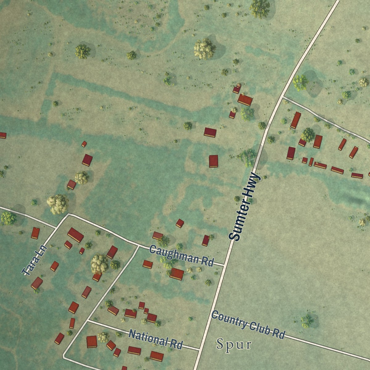 Close-up of the map of Manville, South Carolina print showing street and building detail