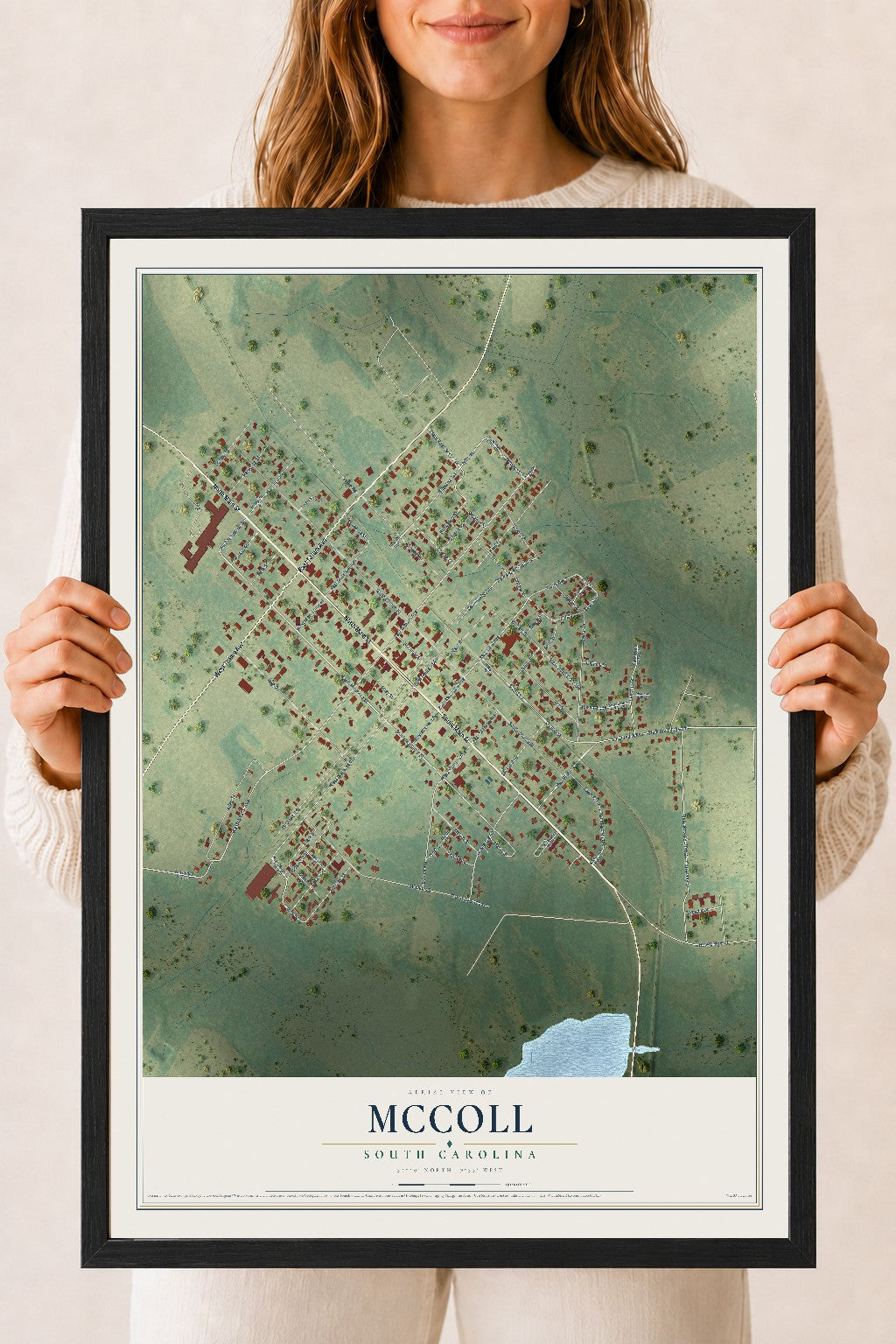 Map of McColl, South Carolina, 18 x 24 inch print in a black wood frame