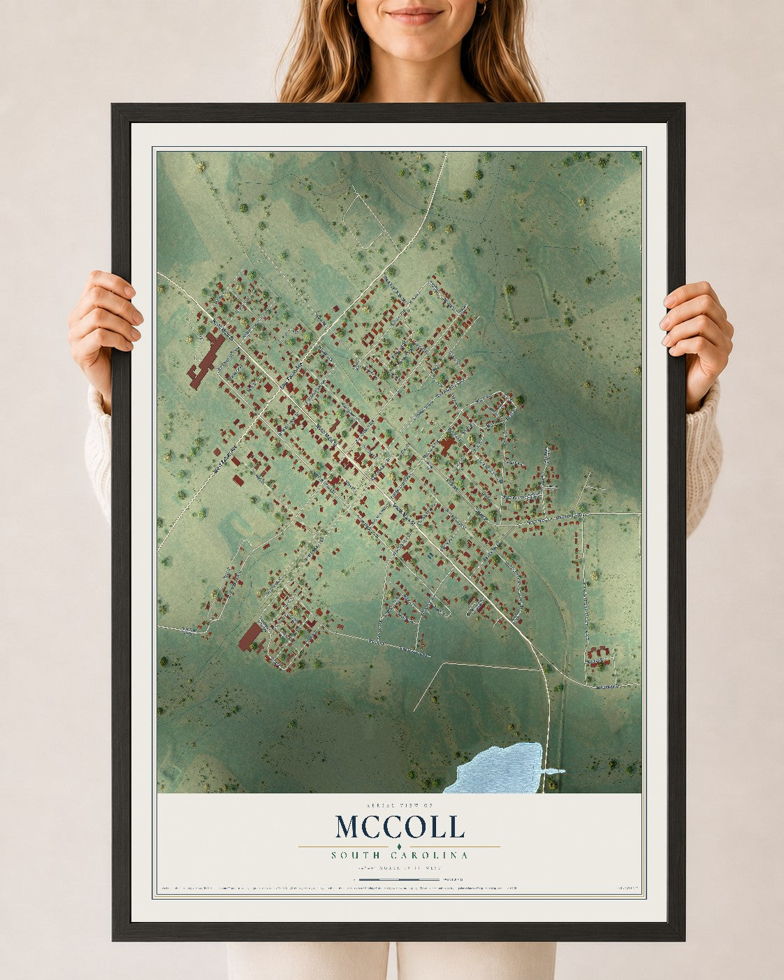 Map of McColl, South Carolina, 24 x 36 inch print in a black wood frame