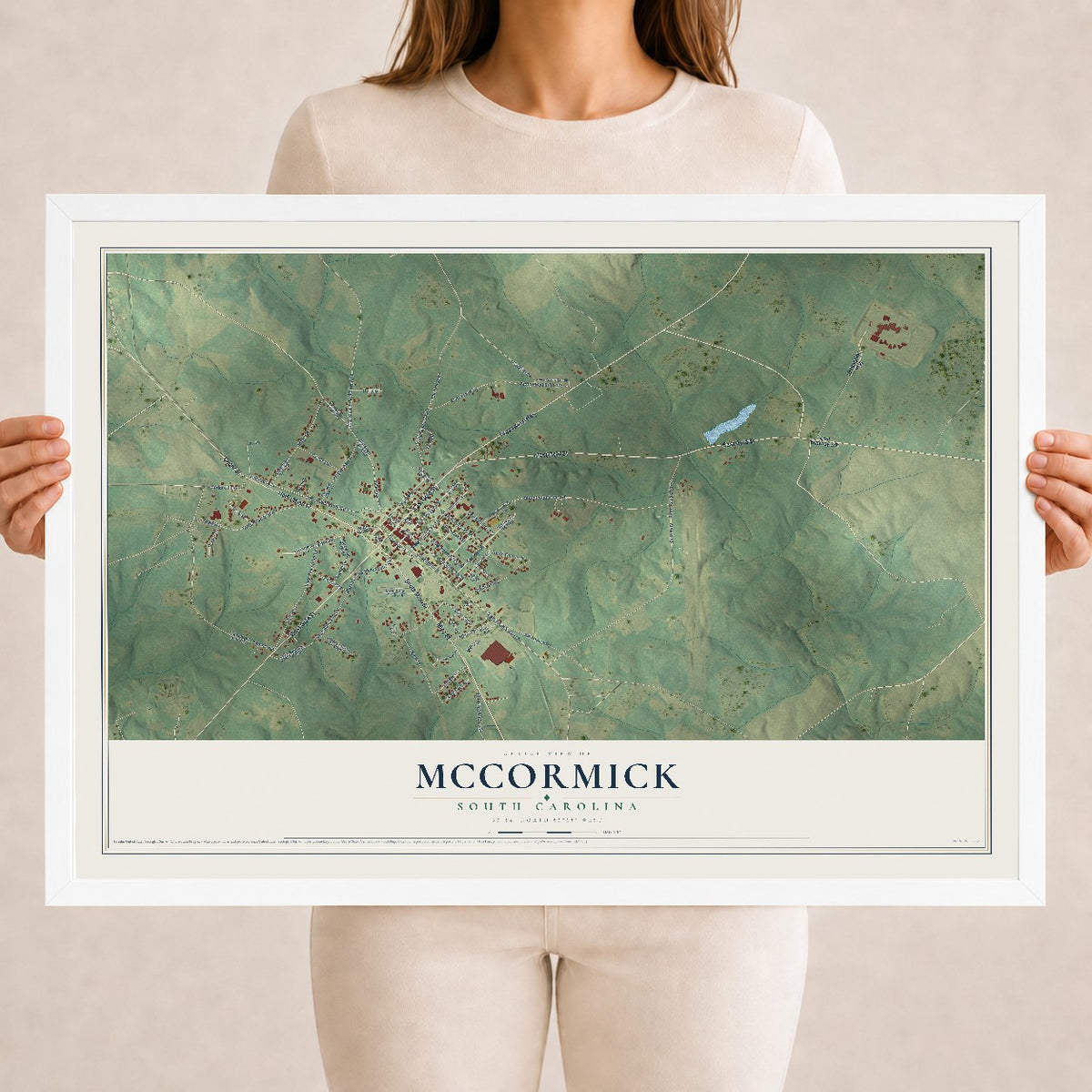 Map of McCormick, South Carolina, 18 x 24 inch print in a white wood frame