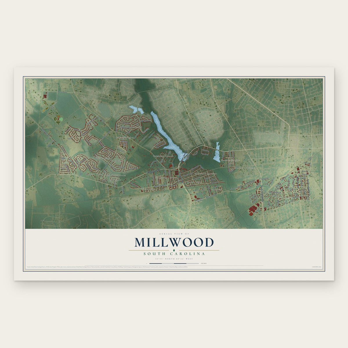 Millwood, South Carolina map print, the full design