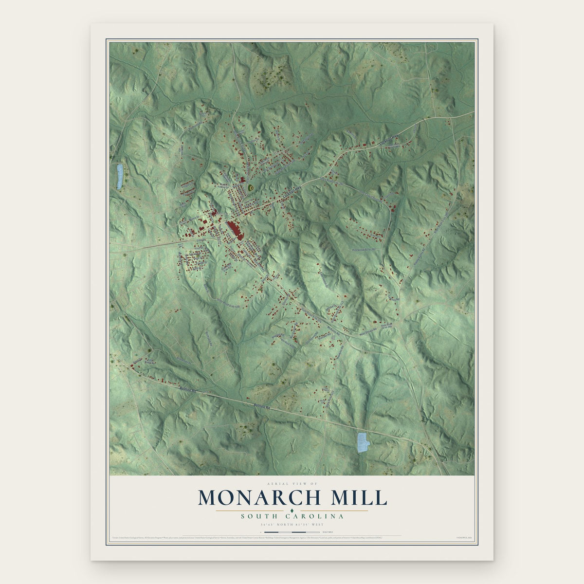 Monarch Mill, South Carolina map print, the full design