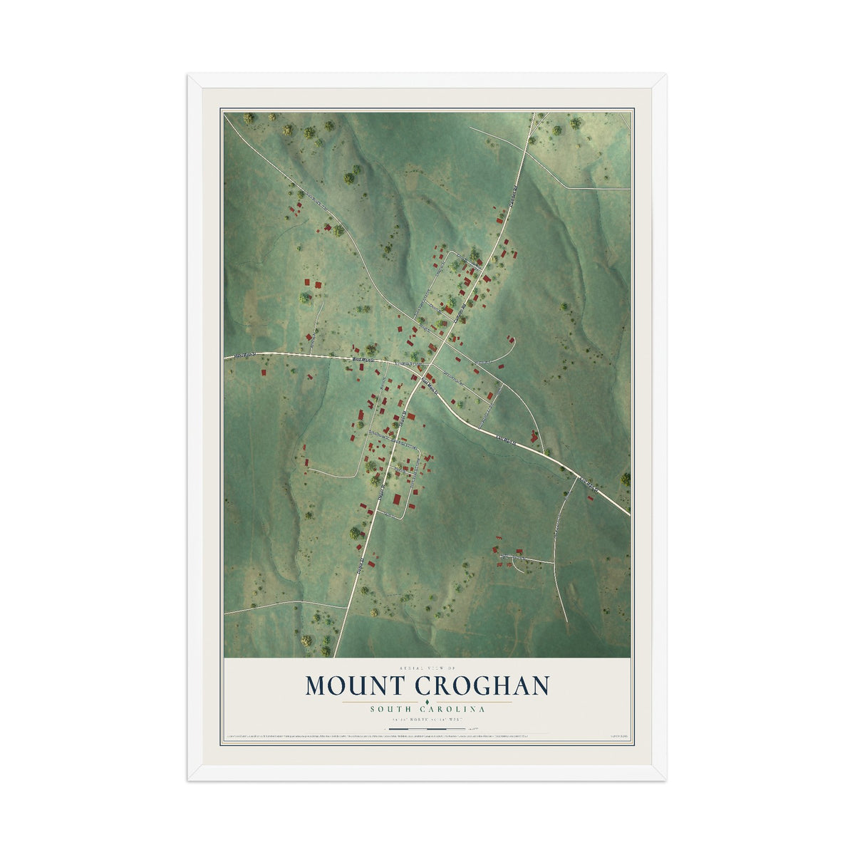 Map of Mount Croghan, South Carolina, 12 x 18 inch print in a white wood frame