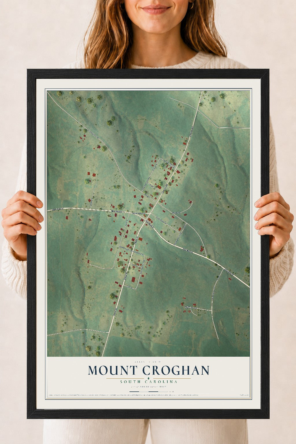 Map of Mount Croghan, South Carolina, 18 x 24 inch print in a black wood frame