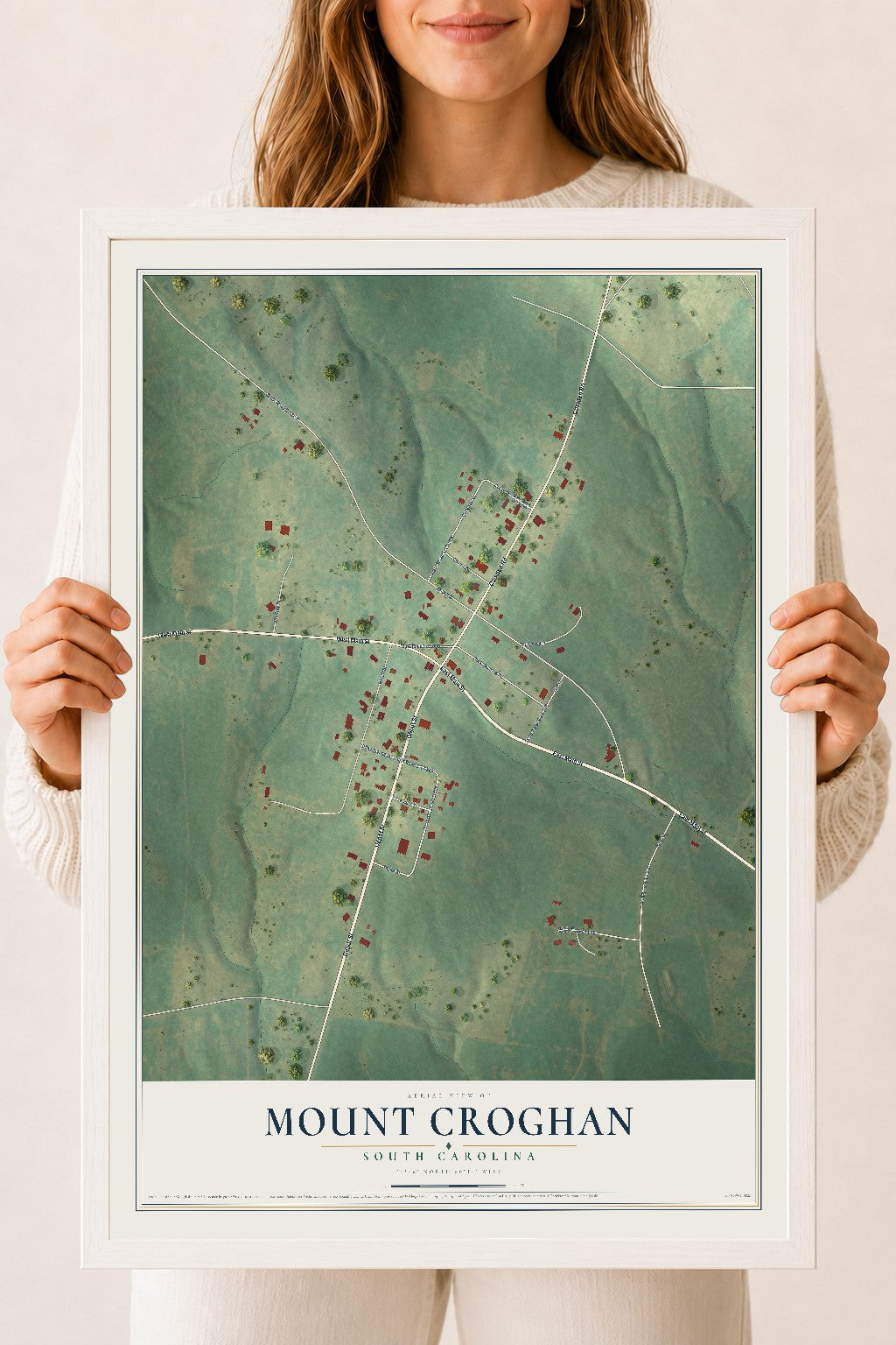 Map of Mount Croghan, South Carolina, 18 x 24 inch print in a white wood frame