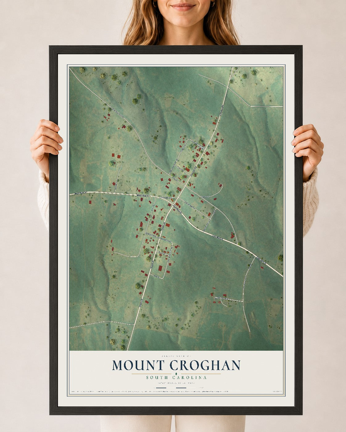 Map of Mount Croghan, South Carolina, 24 x 36 inch print in a black wood frame