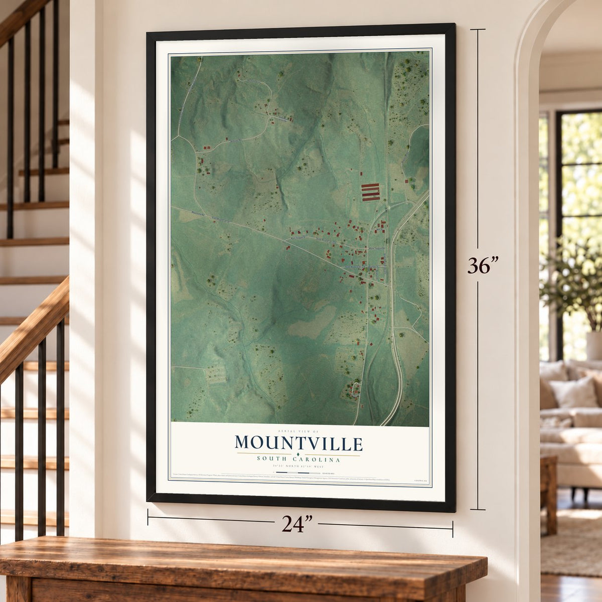 Mountville, South Carolina map, 24 x 36 inch print in a black frame by a staircase
