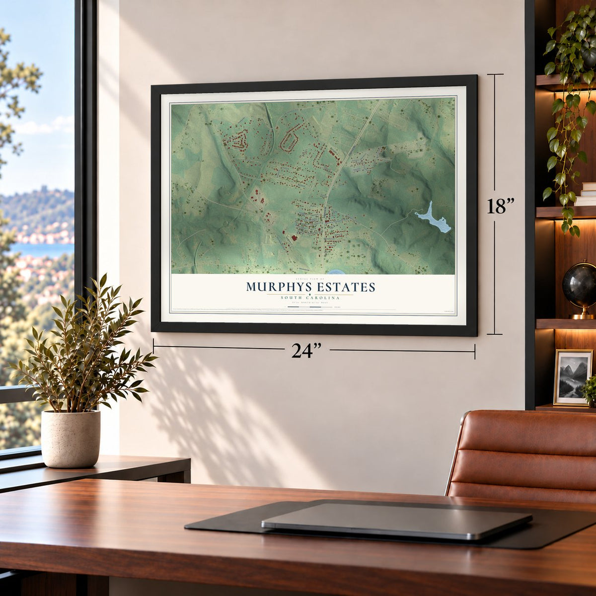 Murphys Estates, South Carolina map, 18 x 24 inch print in a black frame in a home office