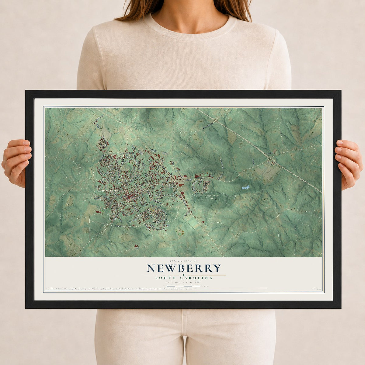 Map of Newberry, South Carolina, 12 x 18 inch print in a black wood frame