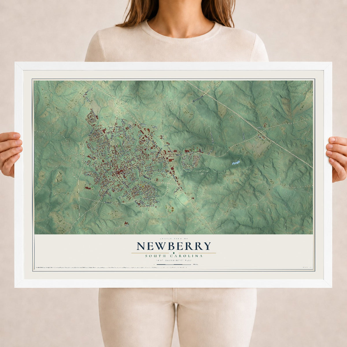 Map of Newberry, South Carolina, 18 x 24 inch print in a white wood frame