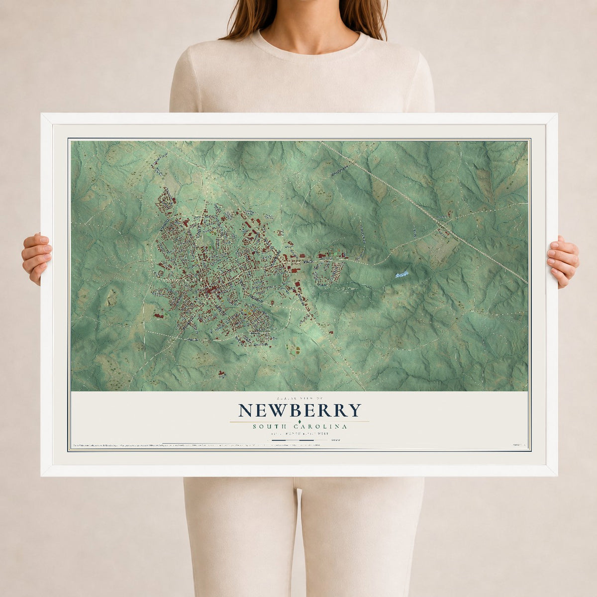 Map of Newberry, South Carolina, 24 x 36 inch print in a white wood frame