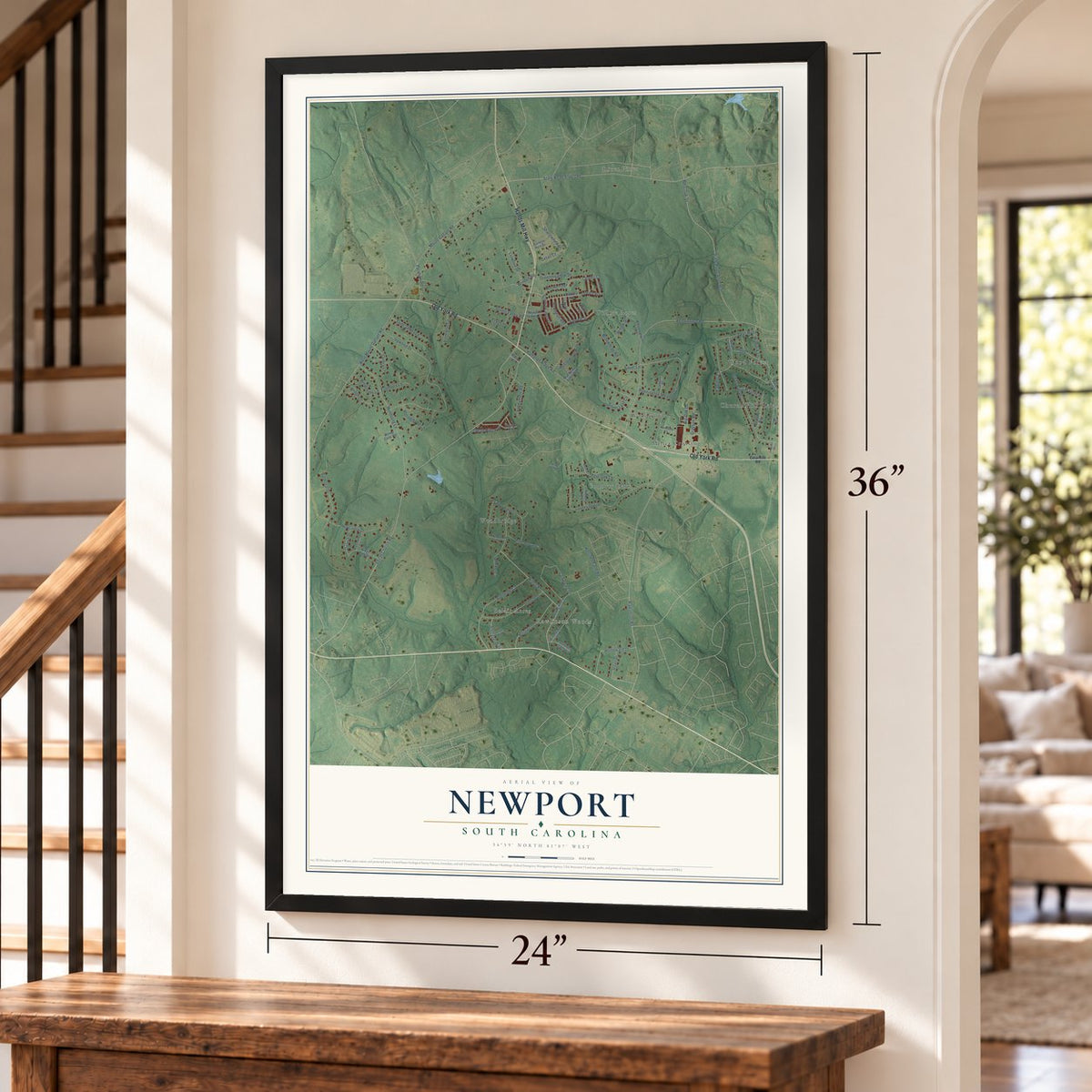 Newport, South Carolina map, 24 x 36 inch print in a black frame by a staircase