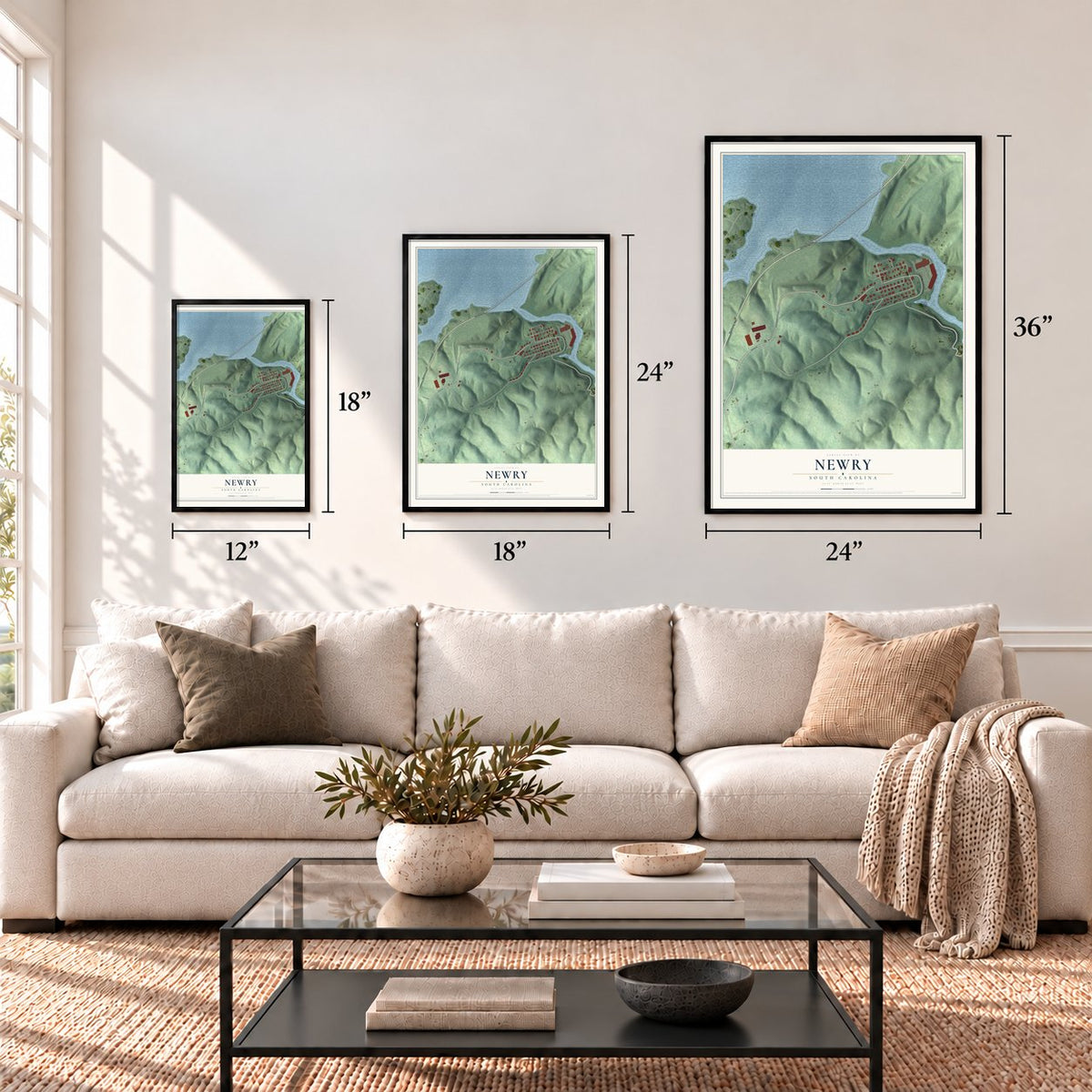 Newry, South Carolina map in 12 x 18, 18 x 24 and 24 x 36 inch sizes above a sofa