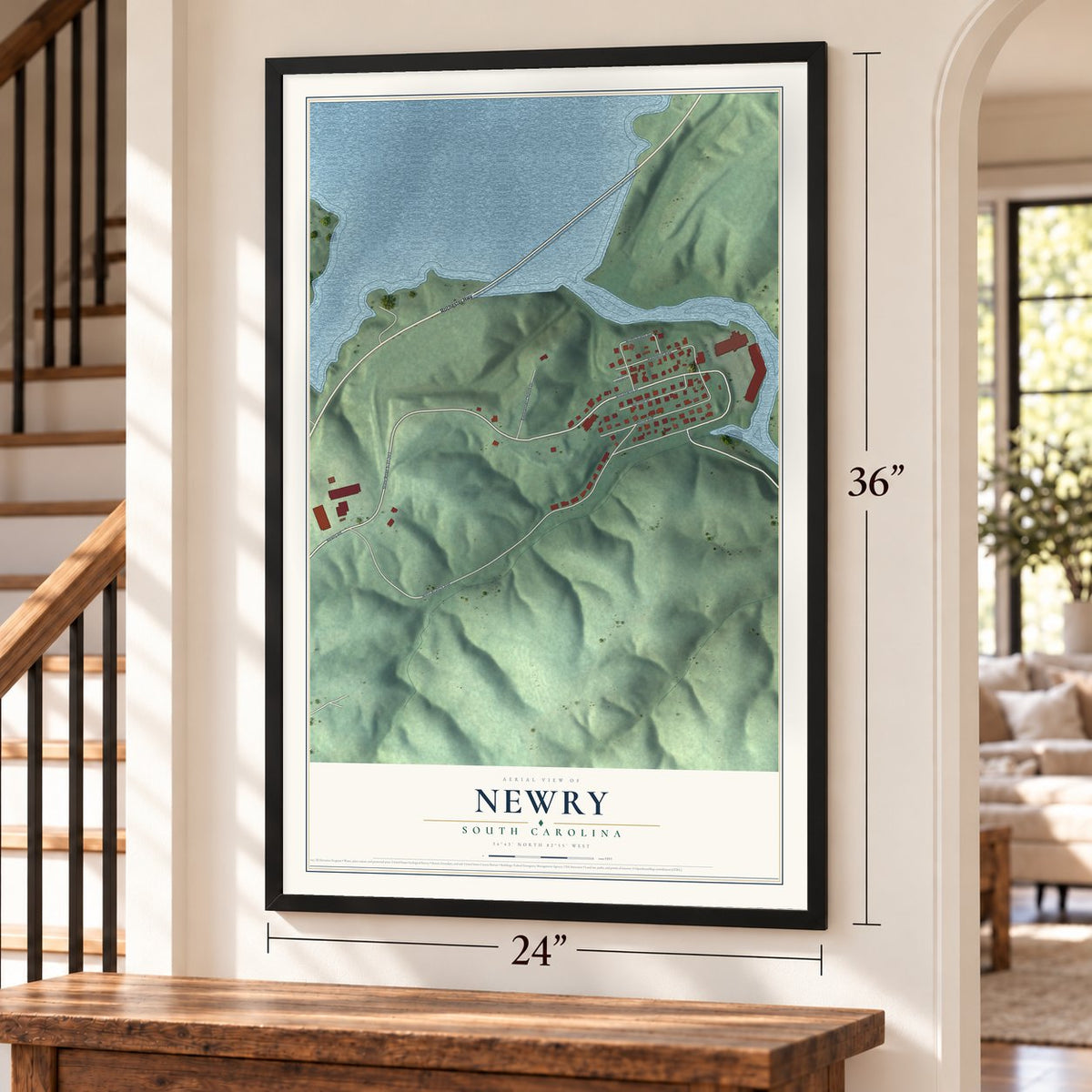 Newry, South Carolina map, 24 x 36 inch print in a black frame by a staircase