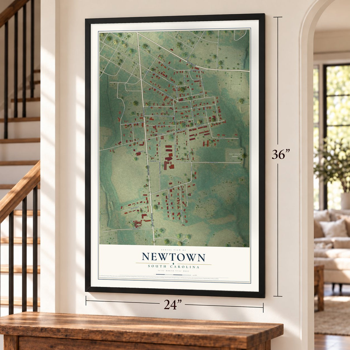 Newtown, South Carolina map, 24 x 36 inch print in a black frame by a staircase