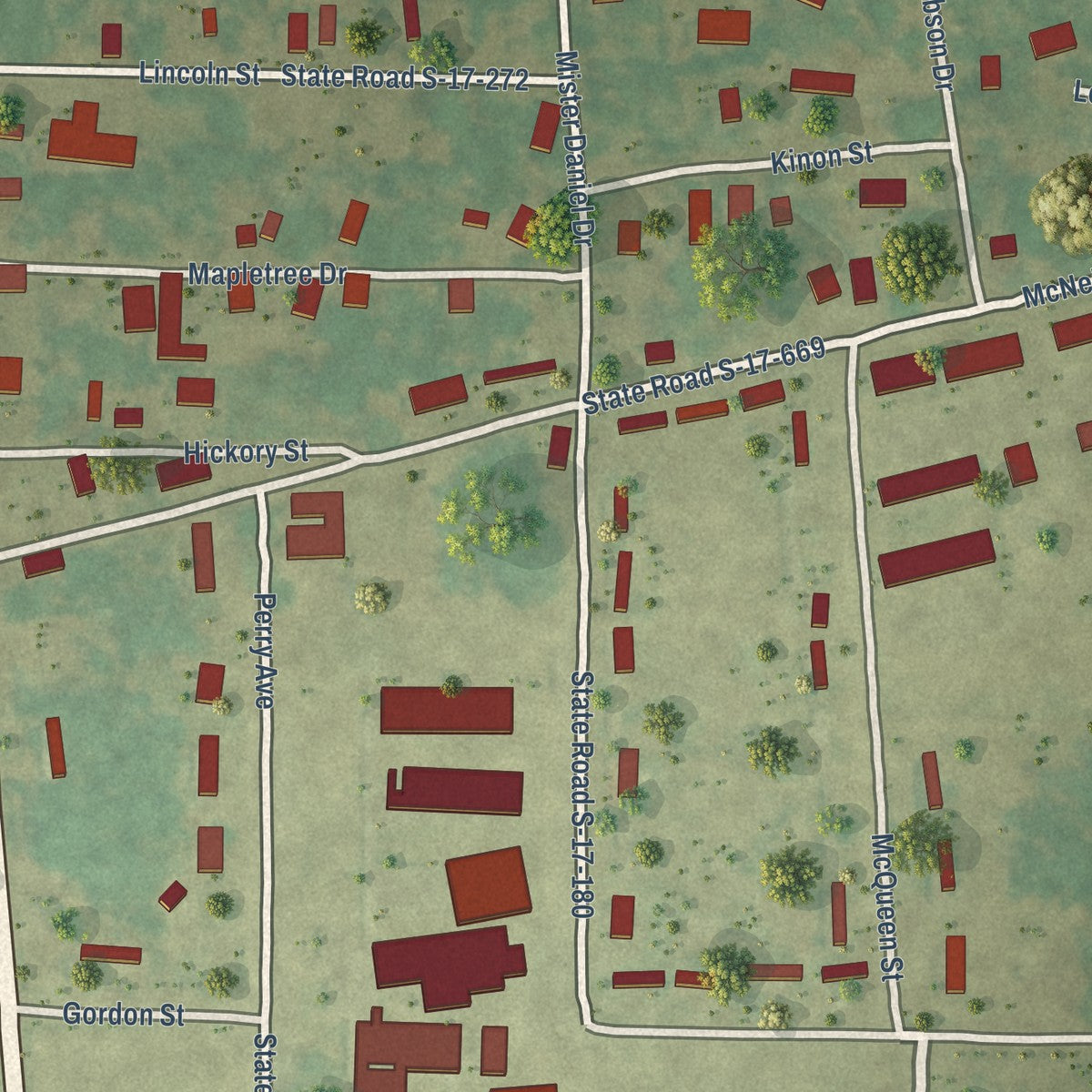 Close-up of the map of Newtown, South Carolina print showing street and building detail