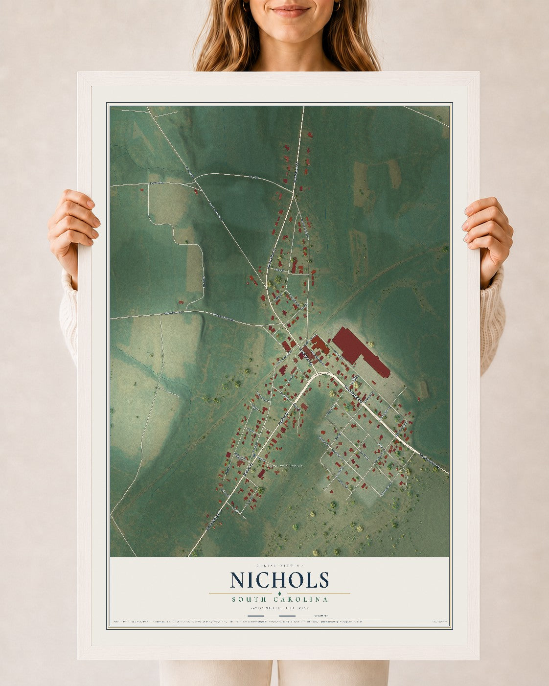 Map of Nichols, South Carolina, 24 x 36 inch print in a white wood frame
