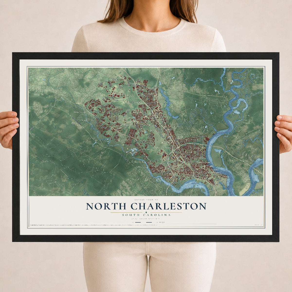Map of North Charleston, South Carolina, 18 x 24 inch print in a black wood frame