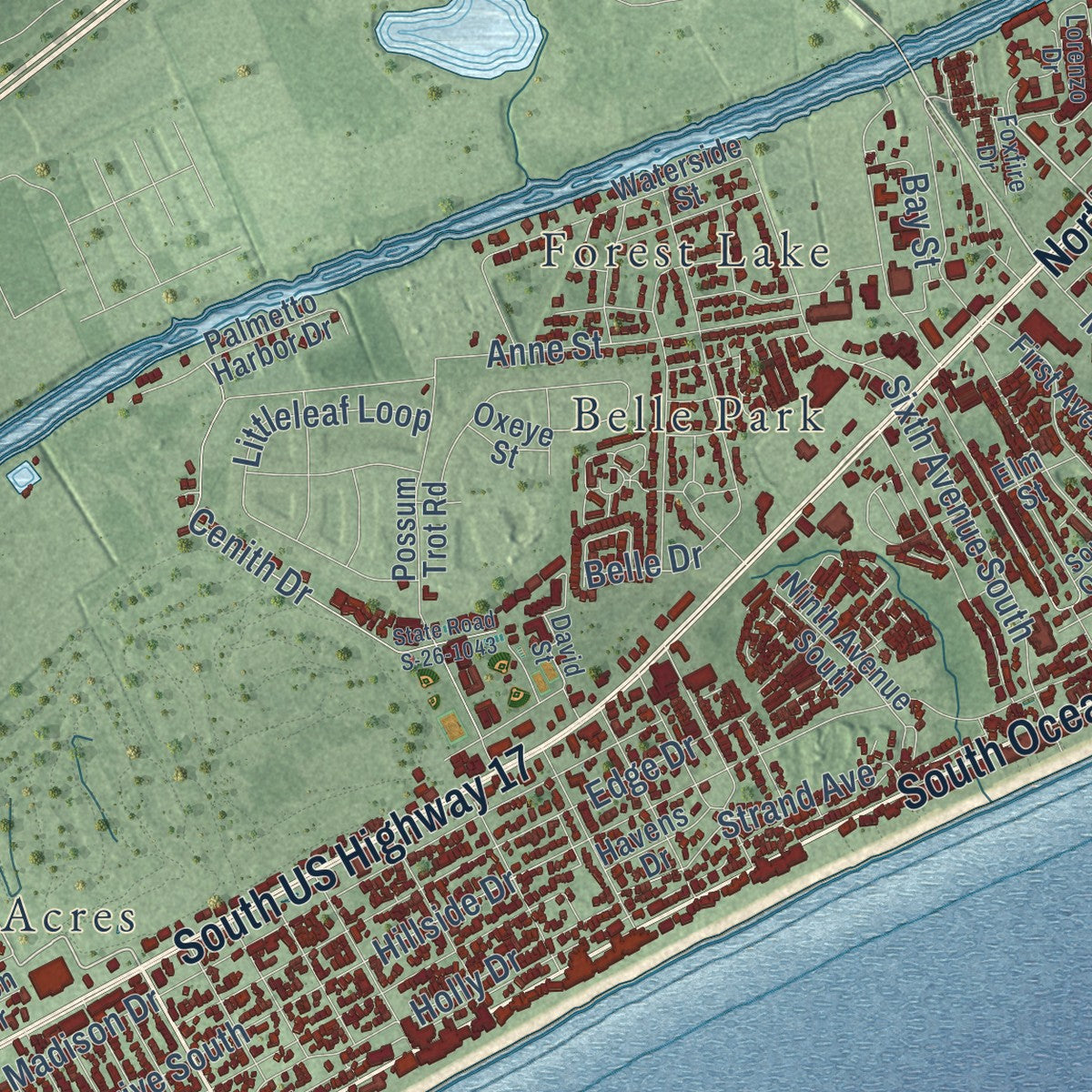 Second close-up of the map of North Myrtle Beach, South Carolina print showing more streets and buildings