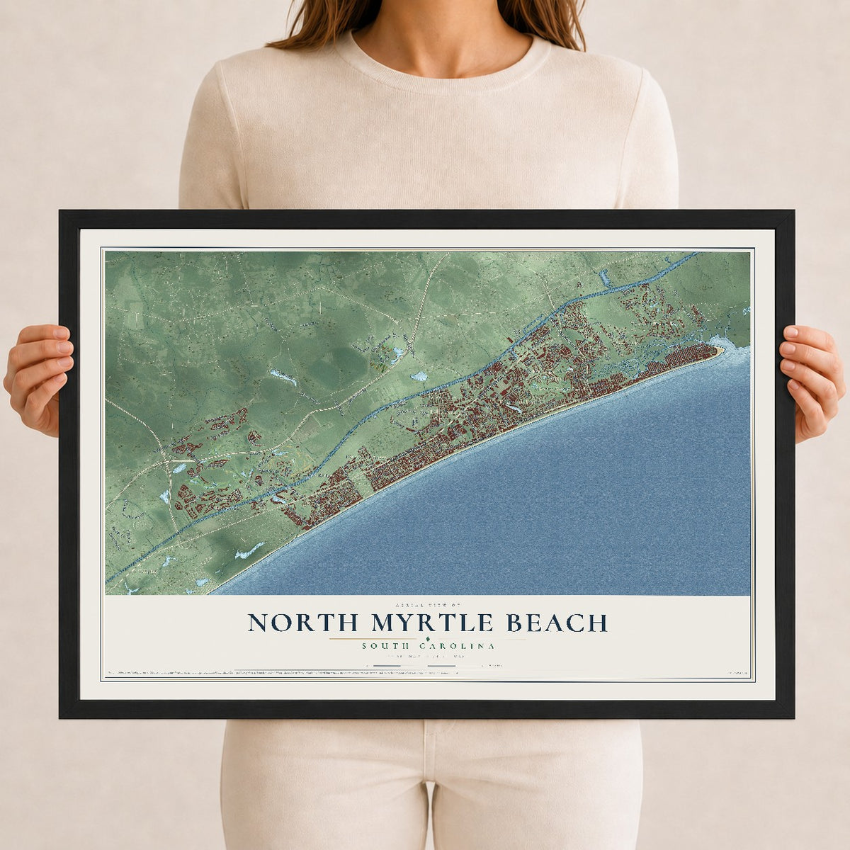 Map of North Myrtle Beach, South Carolina, 12 x 18 inch print in a black wood frame