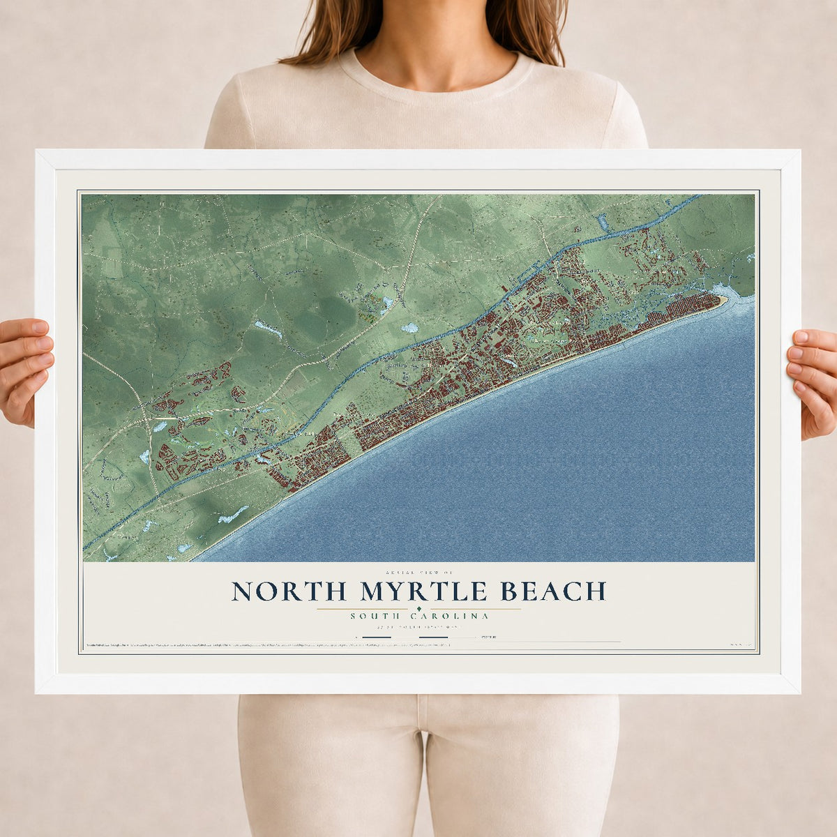 Map of North Myrtle Beach, South Carolina, 18 x 24 inch print in a white wood frame