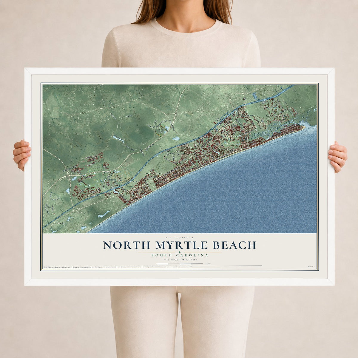 Map of North Myrtle Beach, South Carolina, 24 x 36 inch print in a white wood frame