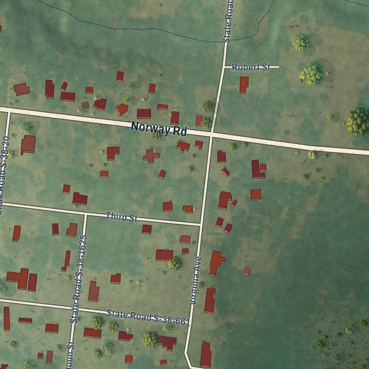 Second close-up of the map of Norway, South Carolina print showing more streets and buildings