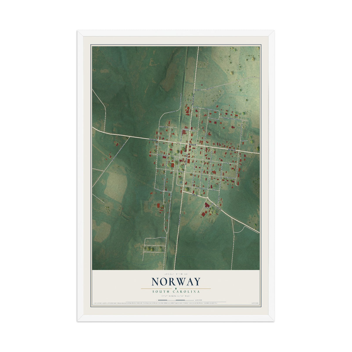 Map of Norway, South Carolina, 12 x 18 inch print in a white wood frame