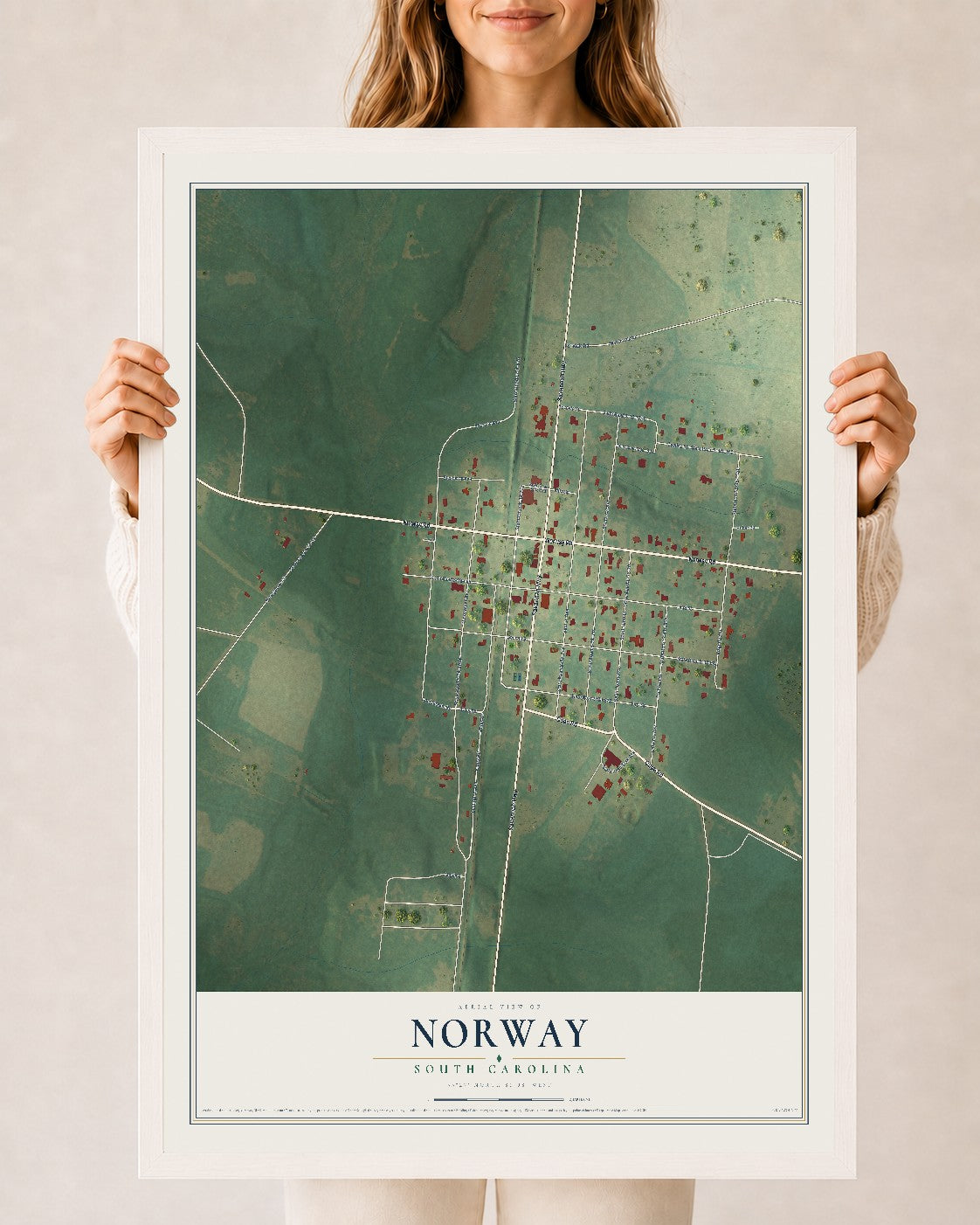 Map of Norway, South Carolina, 24 x 36 inch print in a white wood frame