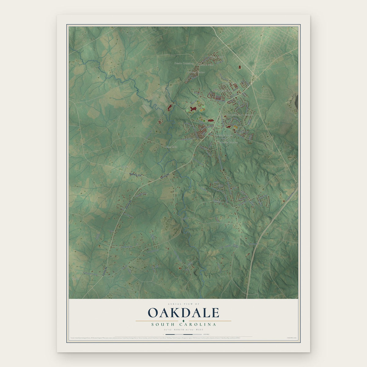 Oakdale, South Carolina map print, the full design