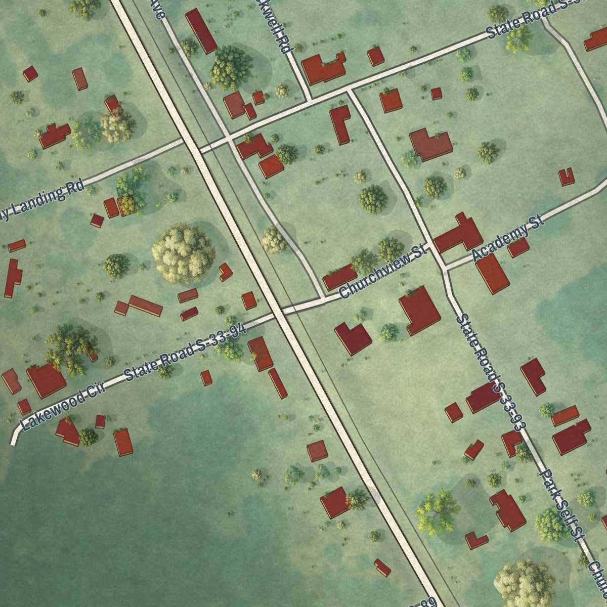 Close-up of the map of Parksville, South Carolina print showing street and building detail