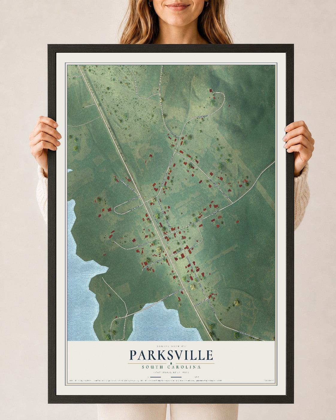 Map of Parksville, South Carolina, 24 x 36 inch print in a black wood frame