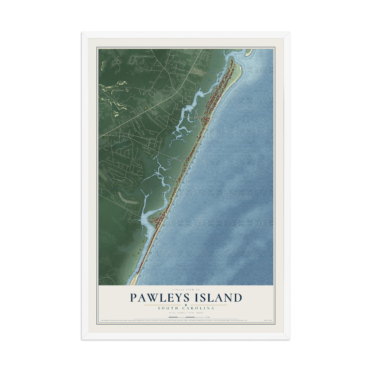 Map of Pawleys Island, South Carolina, 12 x 18 inch print in a white wood frame