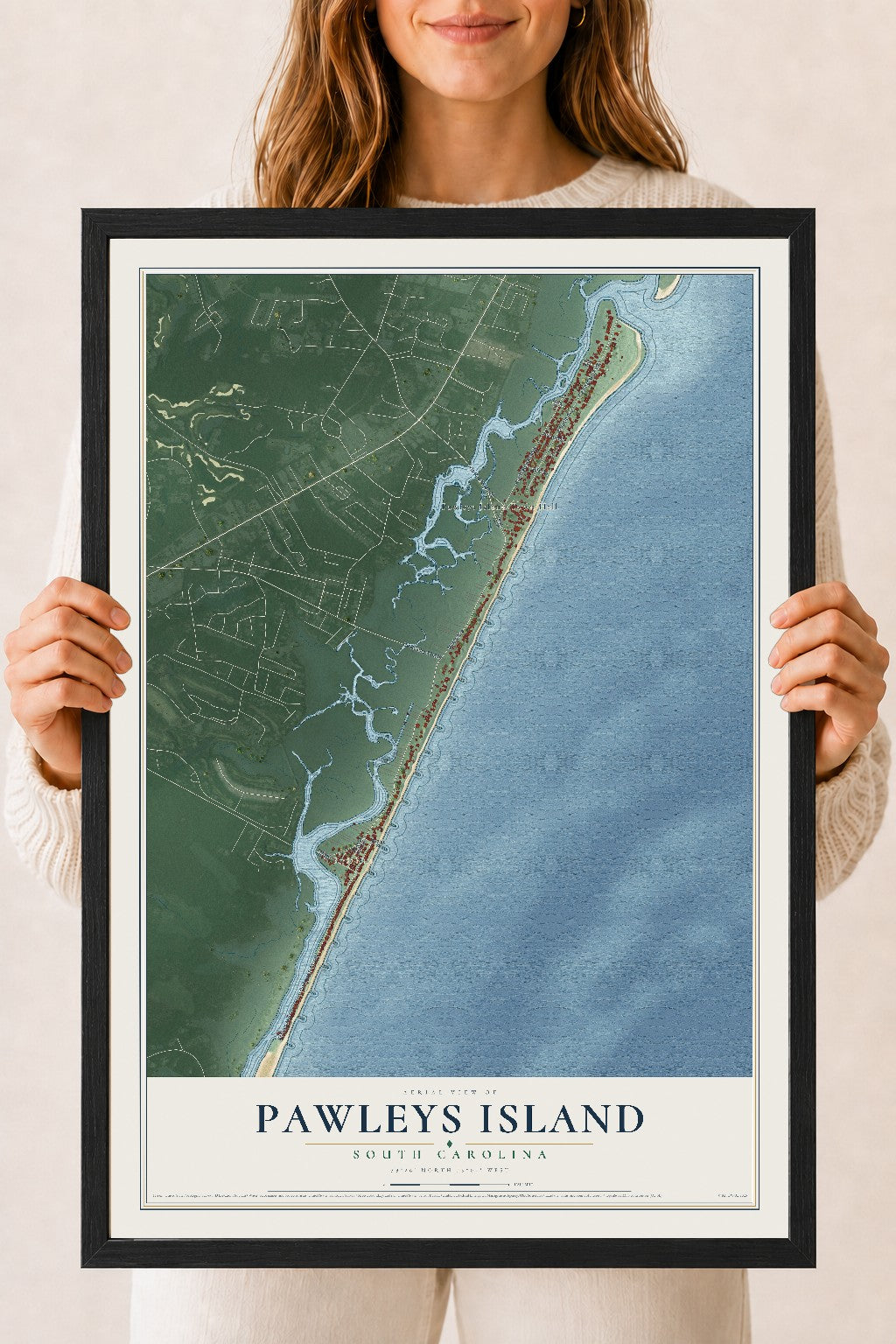 Map of Pawleys Island, South Carolina, 18 x 24 inch print in a black wood frame