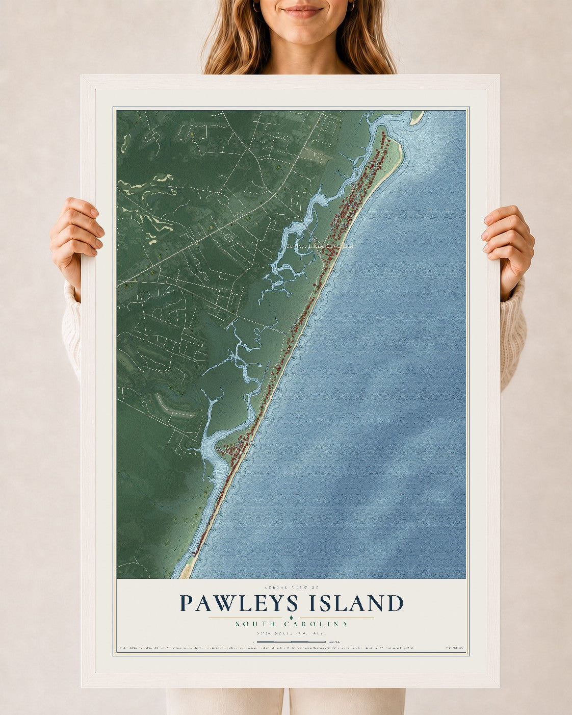Map of Pawleys Island, South Carolina, 24 x 36 inch print in a white wood frame