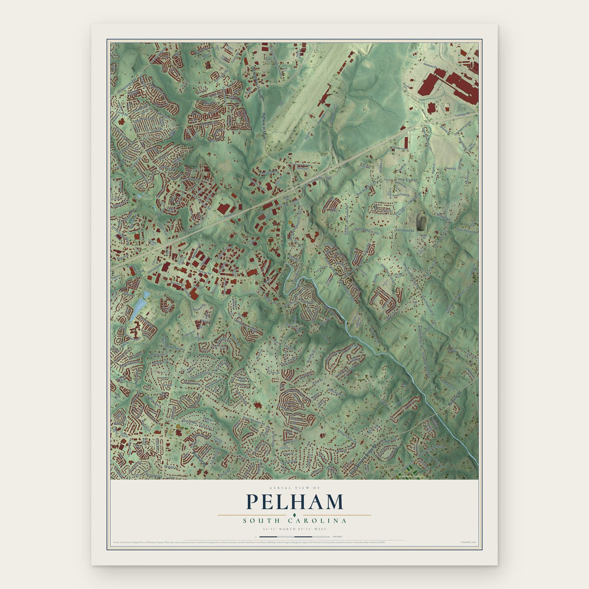 Pelham, South Carolina map print, the full design
