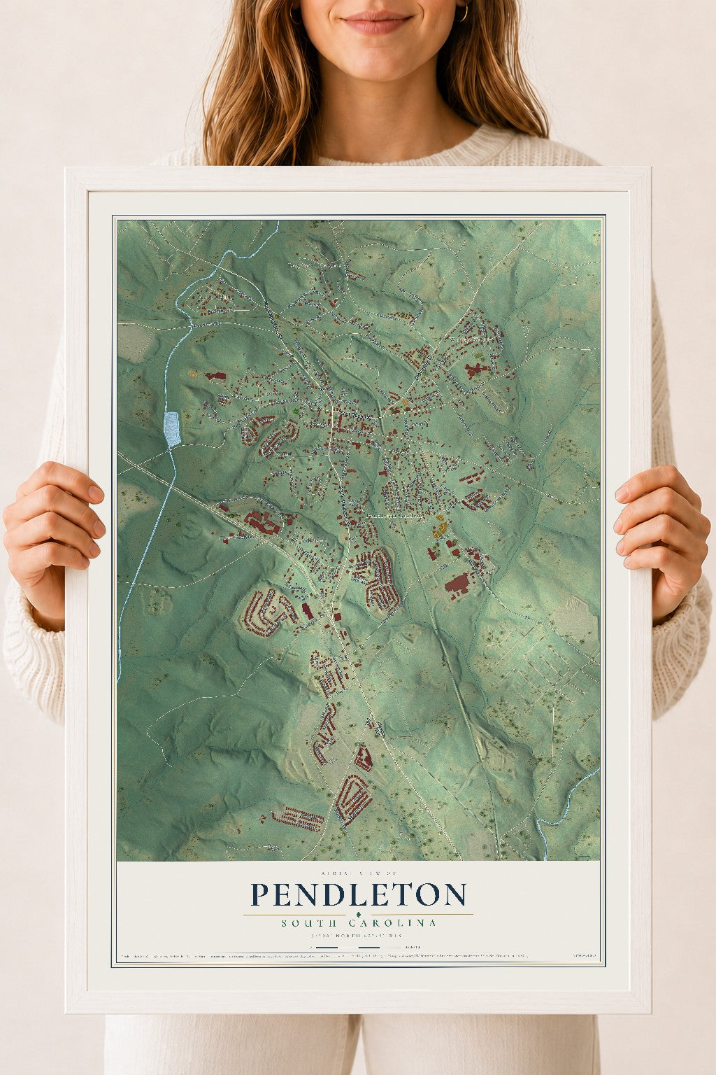 Map of Pendleton, South Carolina, 18 x 24 inch print in a white wood frame