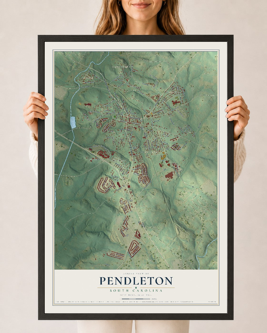 Map of Pendleton, South Carolina, 24 x 36 inch print in a black wood frame
